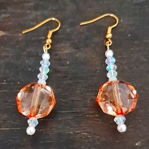 Shimmery Peach and Pearl Beaded Dangle Earrings